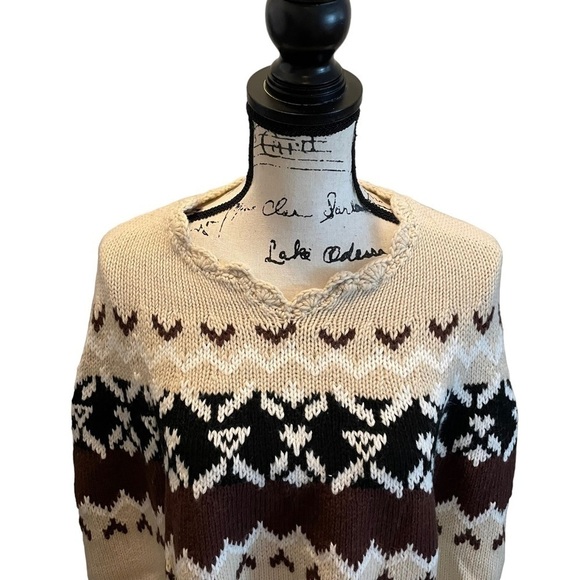 MODA INTERNATIONAL VS Sweater Shawl Brown XS Small Nordic Fair Isle Wool Fringe - Picture 3 of 13
